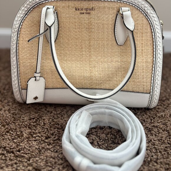 KATE SPADE White Leather Rattan Top Handle Tote Zipper Closure Crossbody Bag EUC - Picture 6 of 11